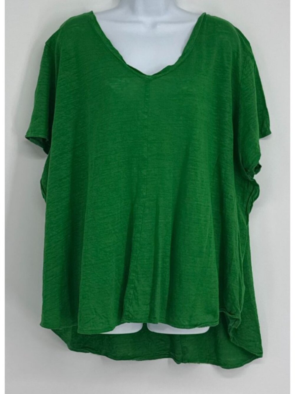 Tahari Women 3x Green Linen V-Neck High-Low Short-Sleeve Top Lagen